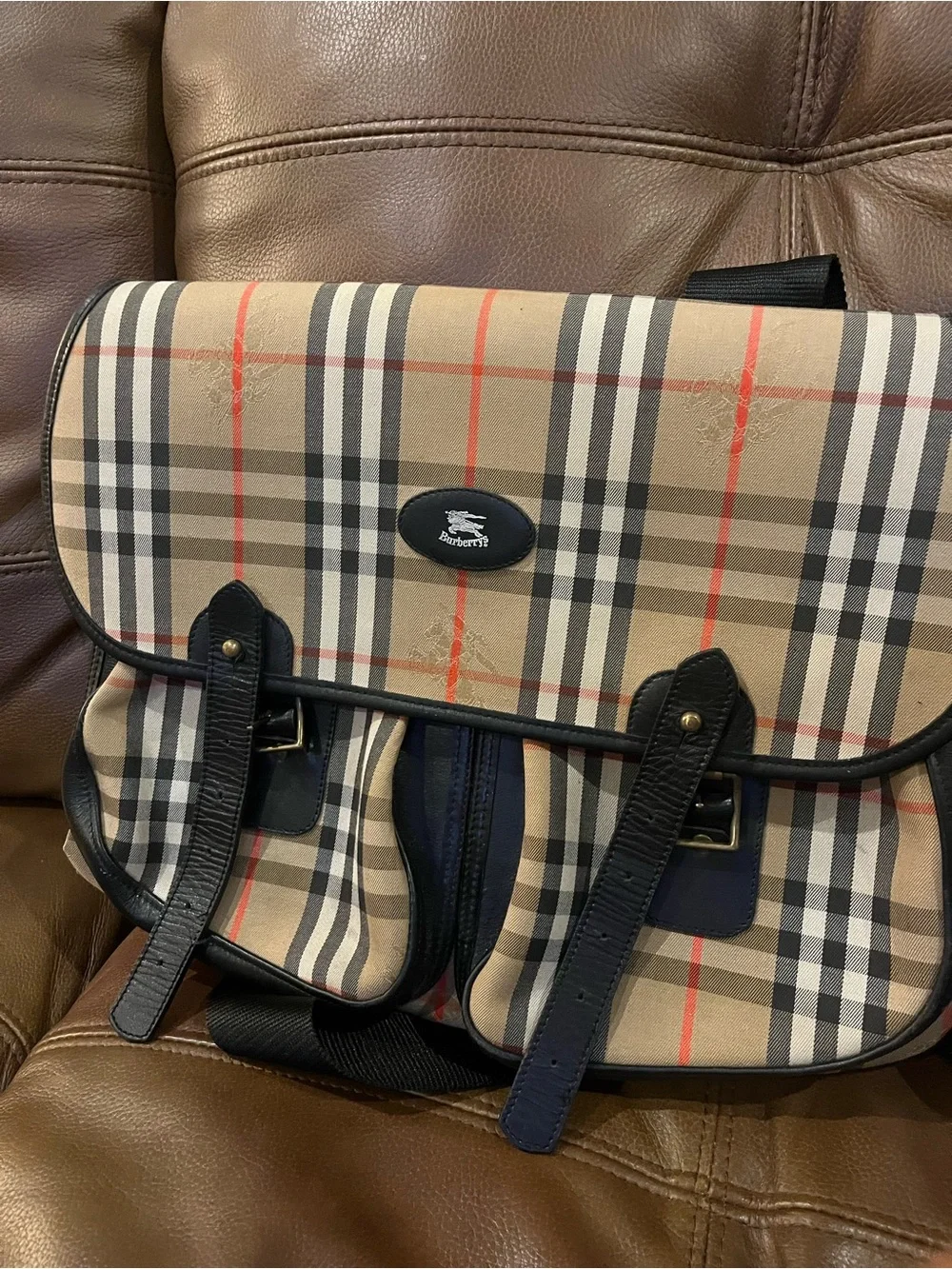 Vintage Burberrys Unisex Classic Plaid Messenger Bag - Beige with Black Trim